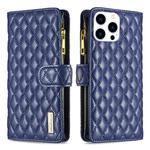 For iPhone 15 Pro Diamond Lattice Zipper Wallet Leather Flip Phone Case(Blue)