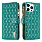 For iPhone 15 Pro Diamond Lattice Zipper Wallet Leather Flip Phone Case(Green)