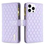 For iPhone 15 Pro Diamond Lattice Zipper Wallet Leather Flip Phone Case(Purple)