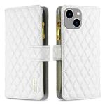 For iPhone 15 Plus Diamond Lattice Zipper Wallet Leather Flip Phone Case(White)
