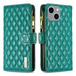 For iPhone 15 Plus Diamond Lattice Zipper Wallet Leather Flip Phone Case(Green)