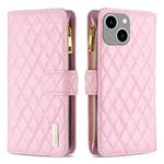 For iPhone 15 Plus Diamond Lattice Zipper Wallet Leather Flip Phone Case(Pink)