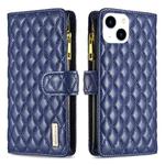 For iPhone 15 Diamond Lattice Zipper Wallet Leather Flip Phone Case(Blue)