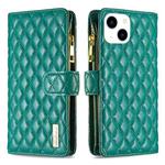 For iPhone 15 Diamond Lattice Zipper Wallet Leather Flip Phone Case(Green)