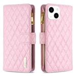 For iPhone 15 Diamond Lattice Zipper Wallet Leather Flip Phone Case(Pink)