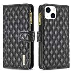 For iPhone 15 Diamond Lattice Zipper Wallet Leather Flip Phone Case(Black)