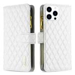 For iPhone 16 Pro Max Diamond Lattice Zipper Wallet Leather Flip Phone Case(White)