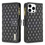 For iPhone 16 Pro Max Diamond Lattice Zipper Wallet Leather Flip Phone Case(Black)