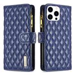 For iPhone 16 Pro Diamond Lattice Zipper Wallet Leather Flip Phone Case(Blue)