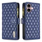 For iPhone 16 Plus Diamond Lattice Zipper Wallet Leather Flip Phone Case(Blue)