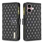 For iPhone 16 Plus Diamond Lattice Zipper Wallet Leather Flip Phone Case(Black)