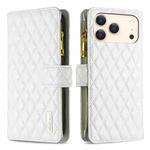 For iPhone 17 Pro Diamond Lattice Zipper Wallet Leather Flip Phone Case(White)