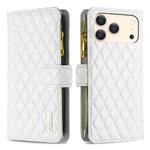 For iPhone 17 Pro Max Diamond Lattice Zipper Wallet Leather Flip Phone Case(White)