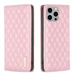 For iPhone 15 Plus Diamond Lattice Magnetic Leather Flip Phone Case(Pink)