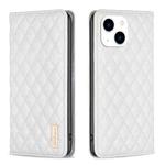 For iPhone 15 Diamond Lattice Magnetic Leather Flip Phone Case(White)