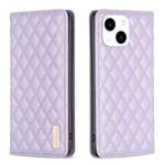 For iPhone 15 Diamond Lattice Magnetic Leather Flip Phone Case(Purple)