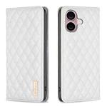 For iPhone 16 Diamond Lattice Magnetic Leather Flip Phone Case(White)