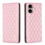 For iPhone 16 Diamond Lattice Magnetic Leather Flip Phone Case(Pink)