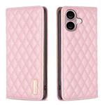 For iPhone 16 Plus Diamond Lattice Magnetic Leather Flip Phone Case(Pink)