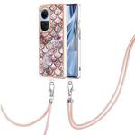 For OPPO Reno10 5G Global Electroplating IMD TPU Phone Case with Lanyard(Pink Scales)