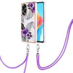 For OPPO A58 4G Electroplating IMD TPU Phone Case with Lanyard(Purple Flower)