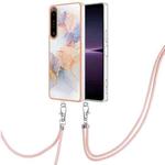 For Sony Xperia 1 IV Electroplating IMD TPU Phone Case with Lanyard(White Marble)