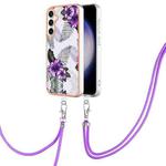 For Samsung Galaxy S23 FE 5G Electroplating IMD TPU Phone Case with Lanyard(Purple Flower)