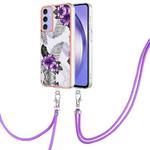 For Samsung Galaxy A15 5G Electroplating IMD TPU Phone Case with Lanyard(Purple Flower)