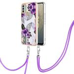 For Nokia C31 Electroplating IMD TPU Phone Case with Lanyard(Purple Flower)