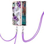 For Nokia C12 Electroplating IMD TPU Phone Case with Lanyard(Purple Flower)