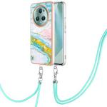 For Honor Magic5 Pro Electroplating Marble Dual-side IMD Phone Case with Lanyard(Green 004)