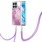 For Honor X8a Electroplating Marble Dual-side IMD Phone Case with Lanyard(Purple 001)