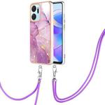 For Honor X7a Electroplating Marble Dual-side IMD Phone Case with Lanyard(Purple 001)