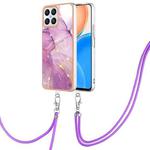 For Honor X8 4G Electroplating Marble Dual-side IMD Phone Case with Lanyard(Purple 001)