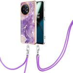 For OnePlus 11 Electroplating Marble Dual-side IMD Phone Case with Lanyard(Purple 002)