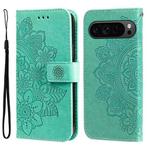 For Google Pixel 9 Pro 7-petal Flowers Embossing Leather Phone Case(Green)