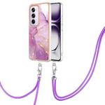 For OPPO Reno12 Pro Global Electroplating Marble Dual-side IMD Phone Case with Lanyard(Purple 001)