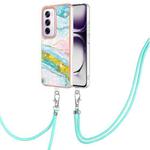 For OPPO Reno12 Pro Global Electroplating Marble Dual-side IMD Phone Case with Lanyard(Green 004)
