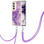 For OPPO Reno12 Global Electroplating Marble Dual-side IMD Phone Case with Lanyard(Purple 002)