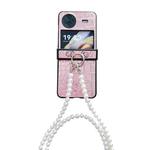 For vivo X Flip Crocodile Pattern Glitter Powder Shockproof Phone Case with Lanyard and Ring Holder(Rose Gold)