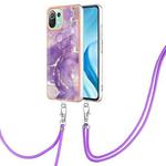 For Xiaomi Mi 11 Lite Electroplating Marble Dual-side IMD Phone Case with Lanyard(Purple 002)