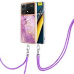 For Xiaomi Poco X6 Pro Electroplating Marble Dual-side IMD Phone Case with Lanyard(Purple 001)