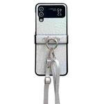 For Samsung Galaxy Z Flip4 Crocodile Pattern Glitter Powder Shockproof Phone Case with Lanyard and Ring Holder(Silver)