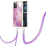 For Motorola Moto G14 Electroplating Marble Dual-side IMD Phone Case with Lanyard(Purple 001)