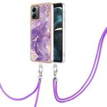 For Motorola Moto G14 Electroplating Marble Dual-side IMD Phone Case with Lanyard(Purple 002)