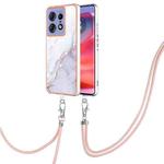 For Motorola Edge 50 Pro Electroplating Marble Dual-side IMD Phone Case with Lanyard(White 006)