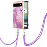 For Google Pixel 6a Electroplating Marble Dual-side IMD Phone Case with Lanyard(Purple 001)