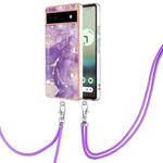 For Google Pixel 6a Electroplating Marble Dual-side IMD Phone Case with Lanyard(Purple 002)