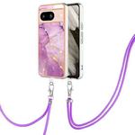 For Google Pixel 8 Electroplating Marble Dual-side IMD Phone Case with Lanyard(Purple 001)