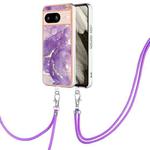 For Google Pixel 8 Electroplating Marble Dual-side IMD Phone Case with Lanyard(Purple 002)